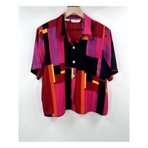 Vintage Bright Colorful Color Block Button up Blouse 80s Shoulder Pad Size Large